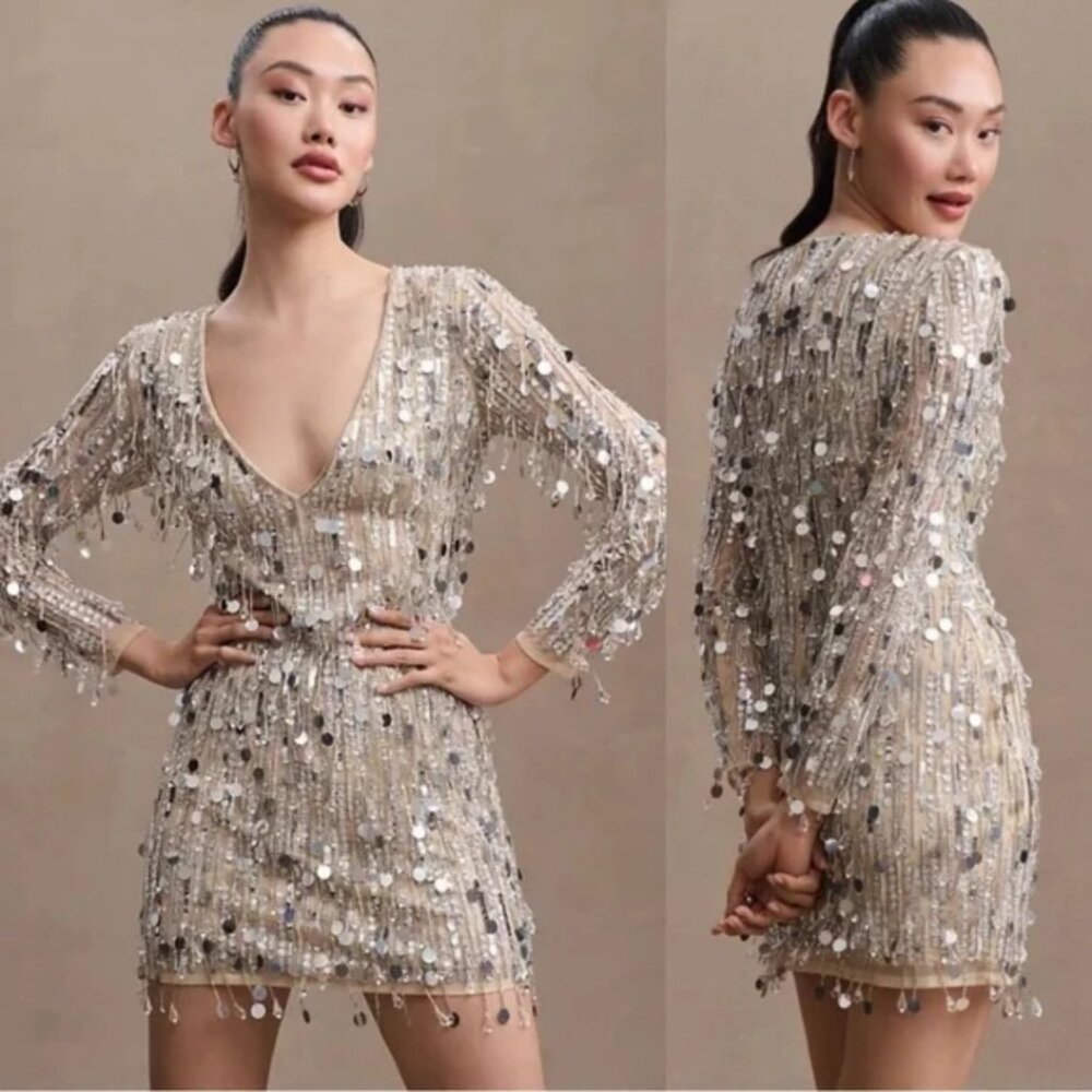Mac Duggal 93850 Nude Silver Long Sleeve Beaded Fringe Plunge Neck Mini Dress